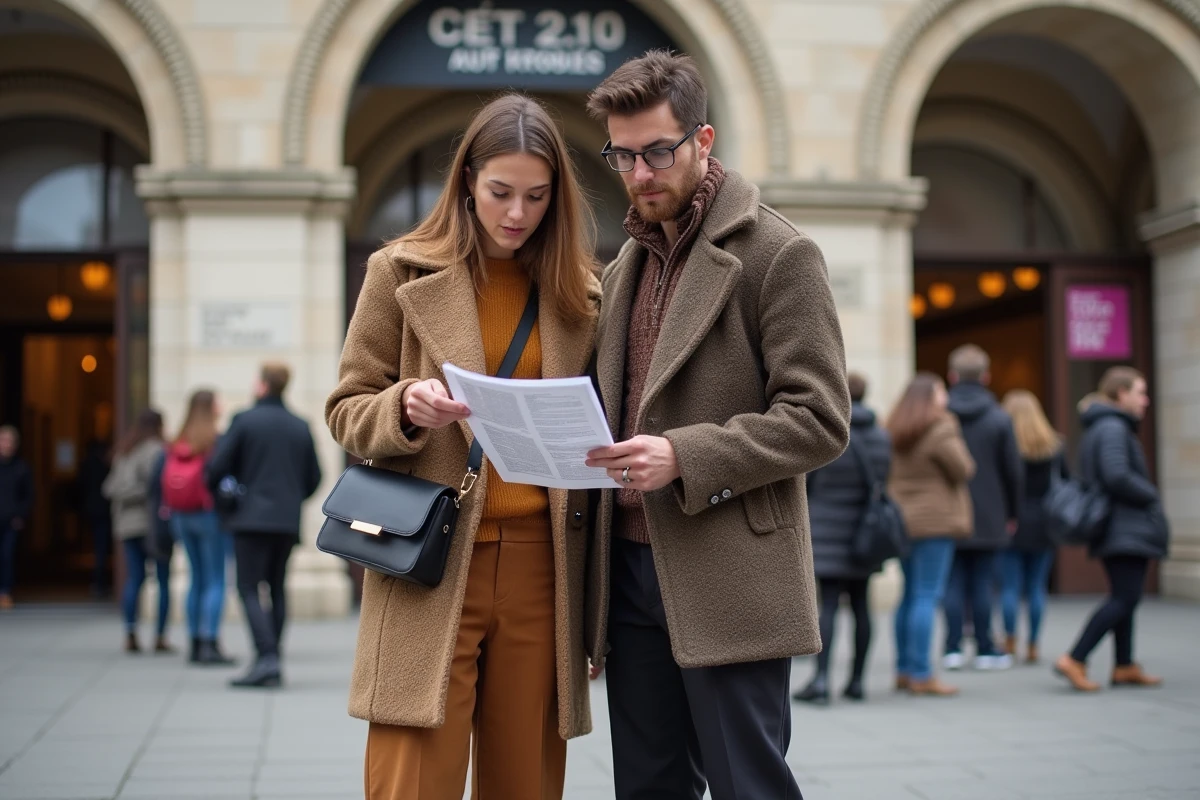 Deux visiteurs férus de mode consultant le programme d'un événement mode à l'entrée d'un lieu culturel à Lille