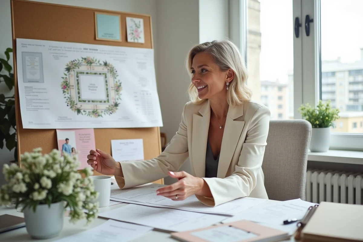 Wedding planner professionnelle consultant un classeur de planification de mariage entourée d'échantillons et de moodboards