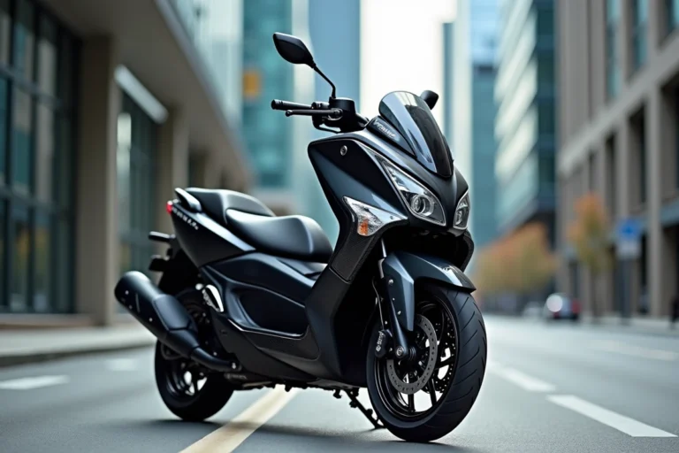 Yamaha TMAX 2026 full options en noir métallisé garé en milieu urbain avec carénages carbone et finitions chromées